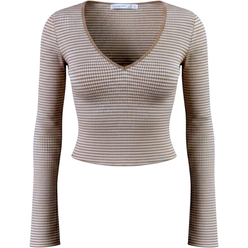 Altar'd State Cropped Ribbed Long Sleeve V-Neck Striped Tan White Sweater Medium